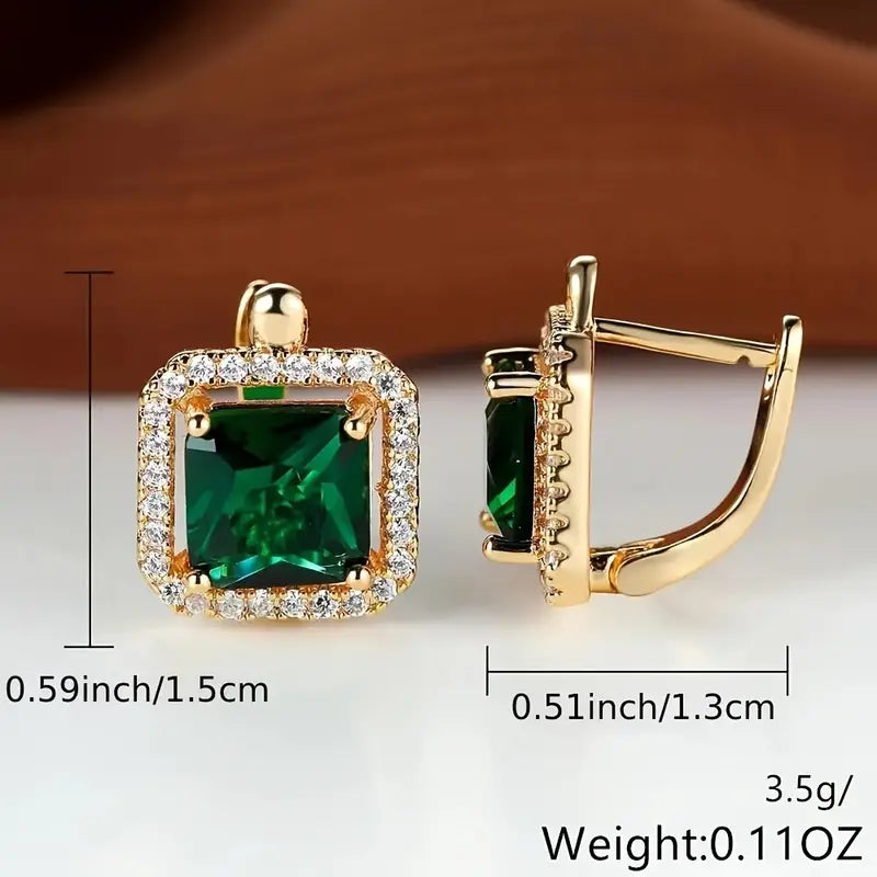 Golden Green Square Zirconia Gold Earrings