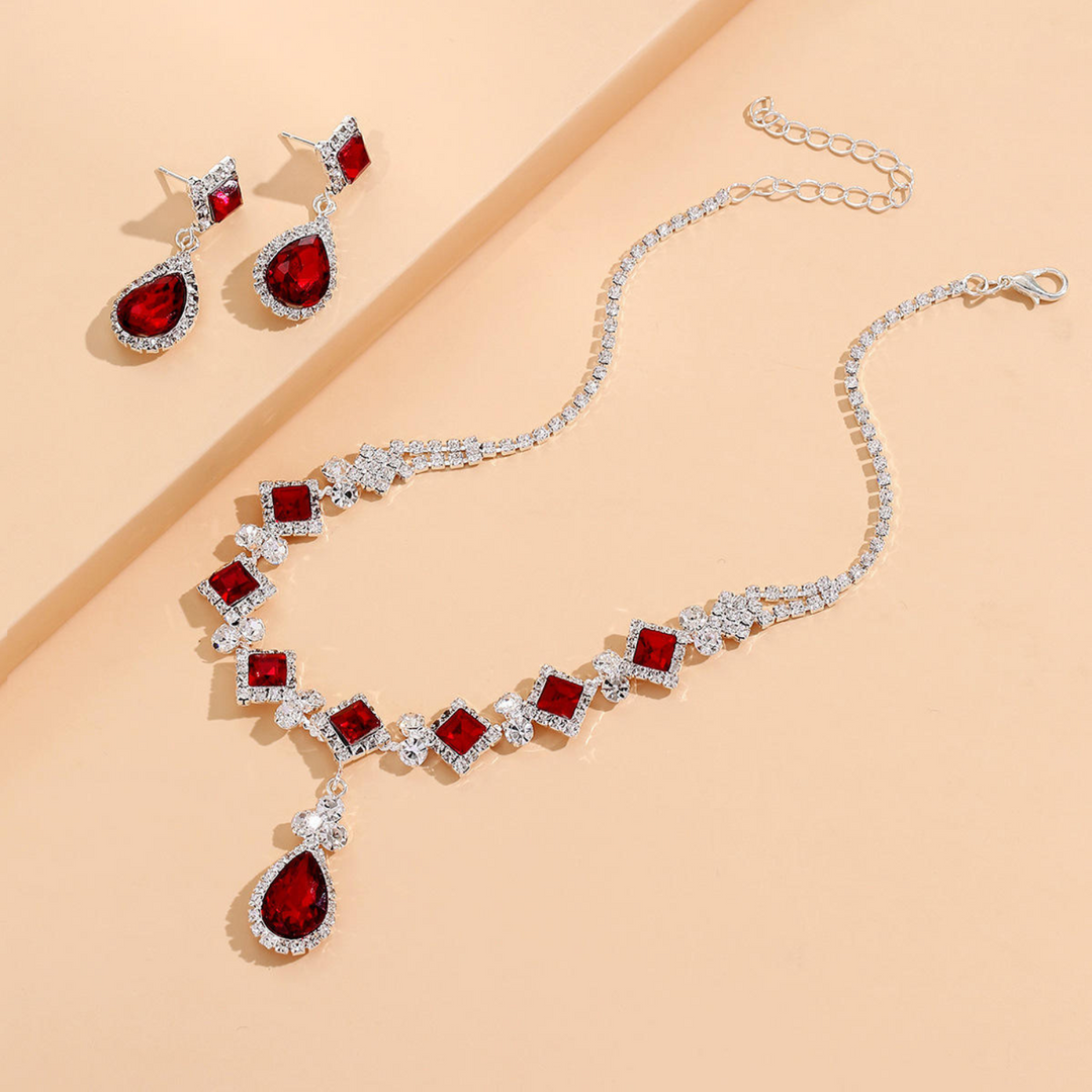Red Water Drop Choker & Dangle Earrings Set